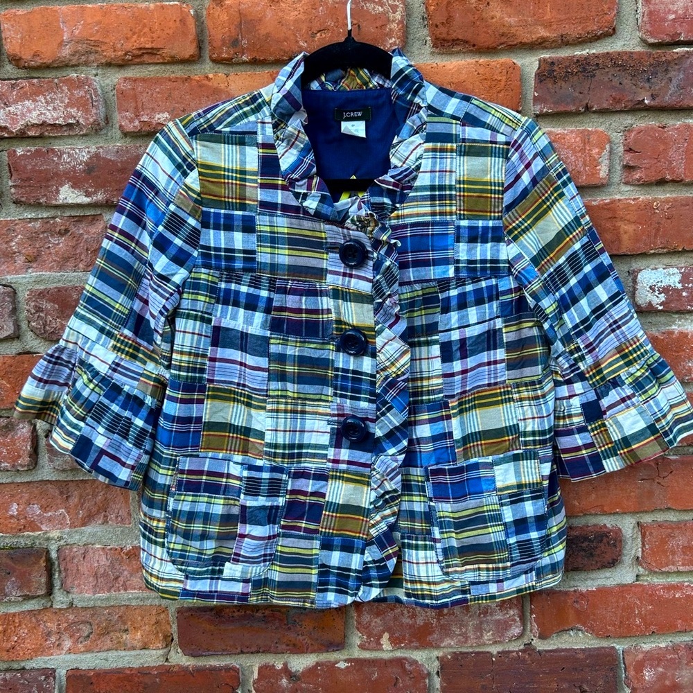 VTG J. Crew Navy Patchwork Cropped Jacket Ruffle Accents Size 6P 100% Cotton
